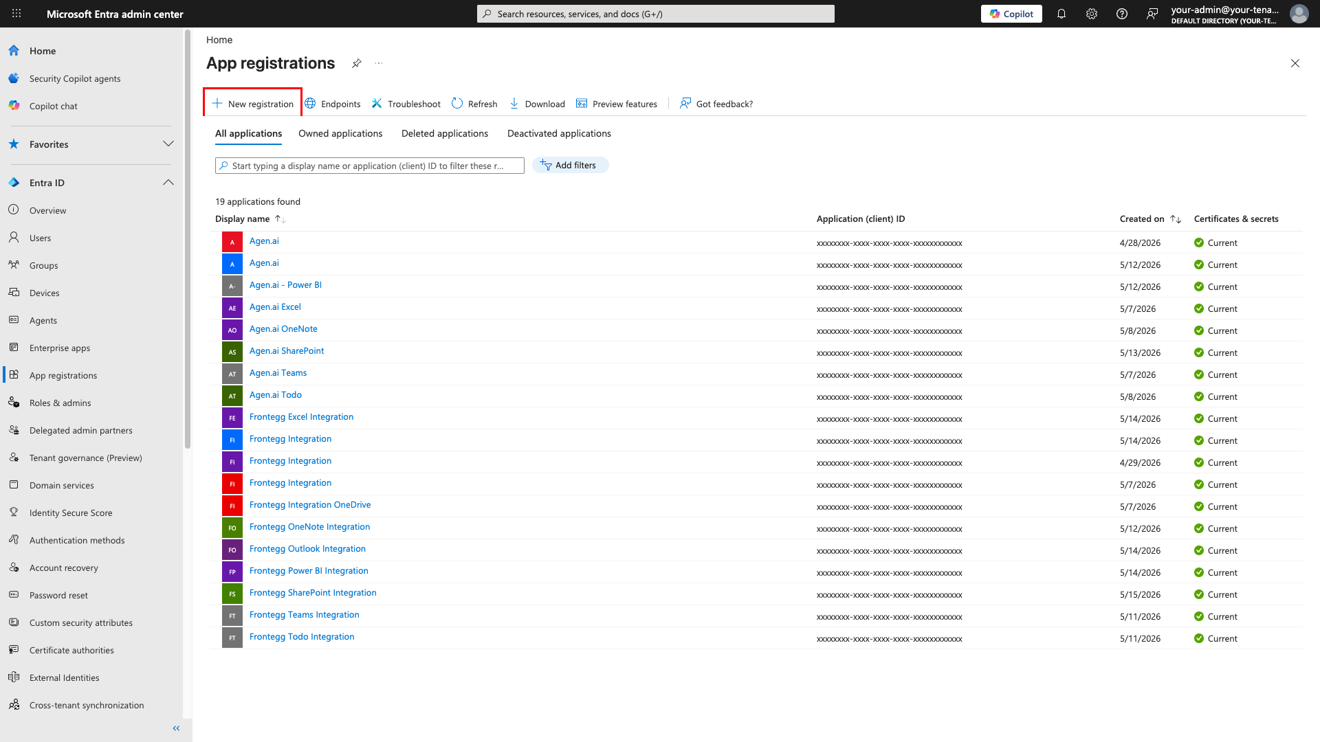 App registrations page in Microsoft Entra admin center