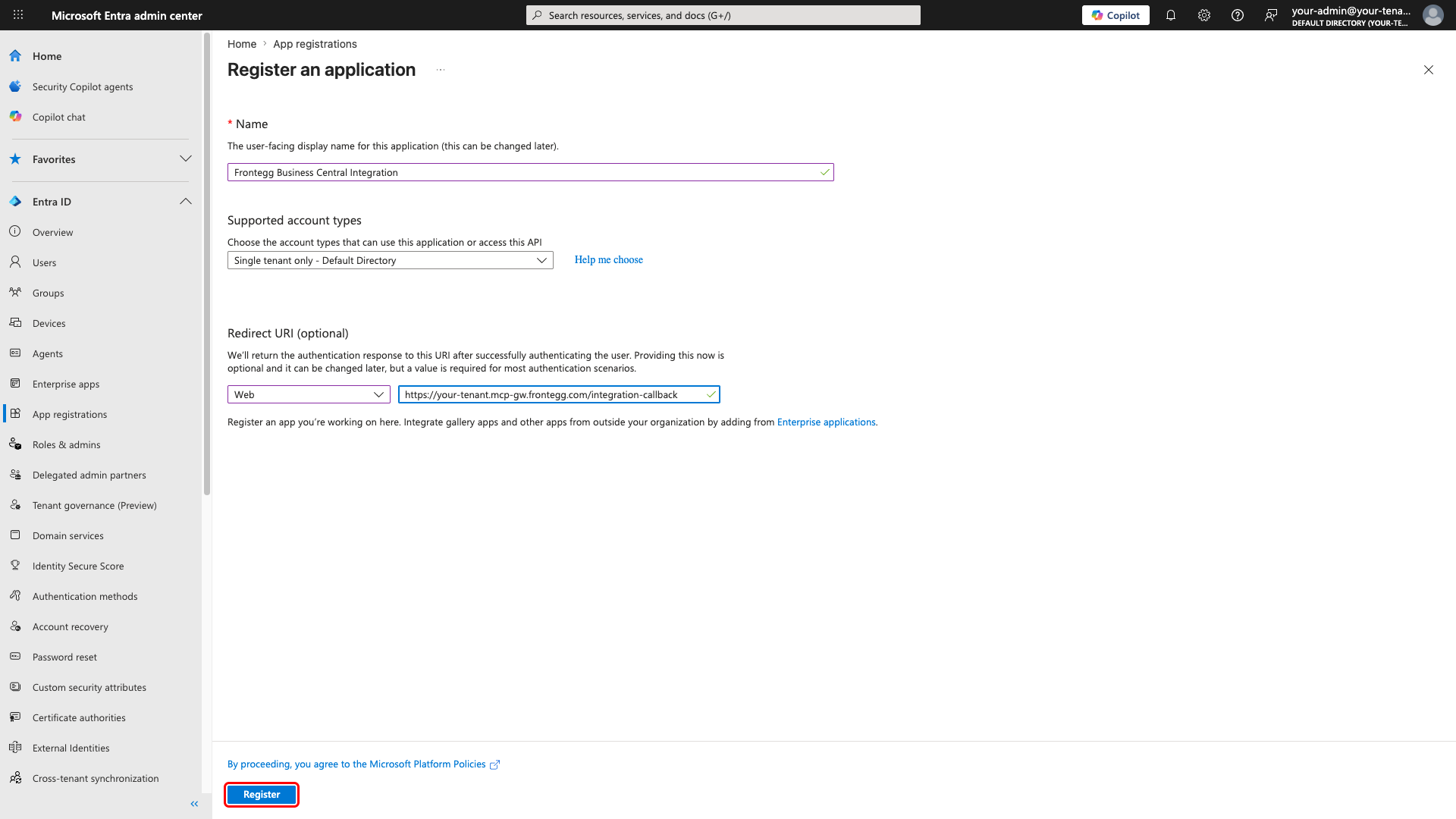 New application registration form with name, account type, and redirect URI filled in