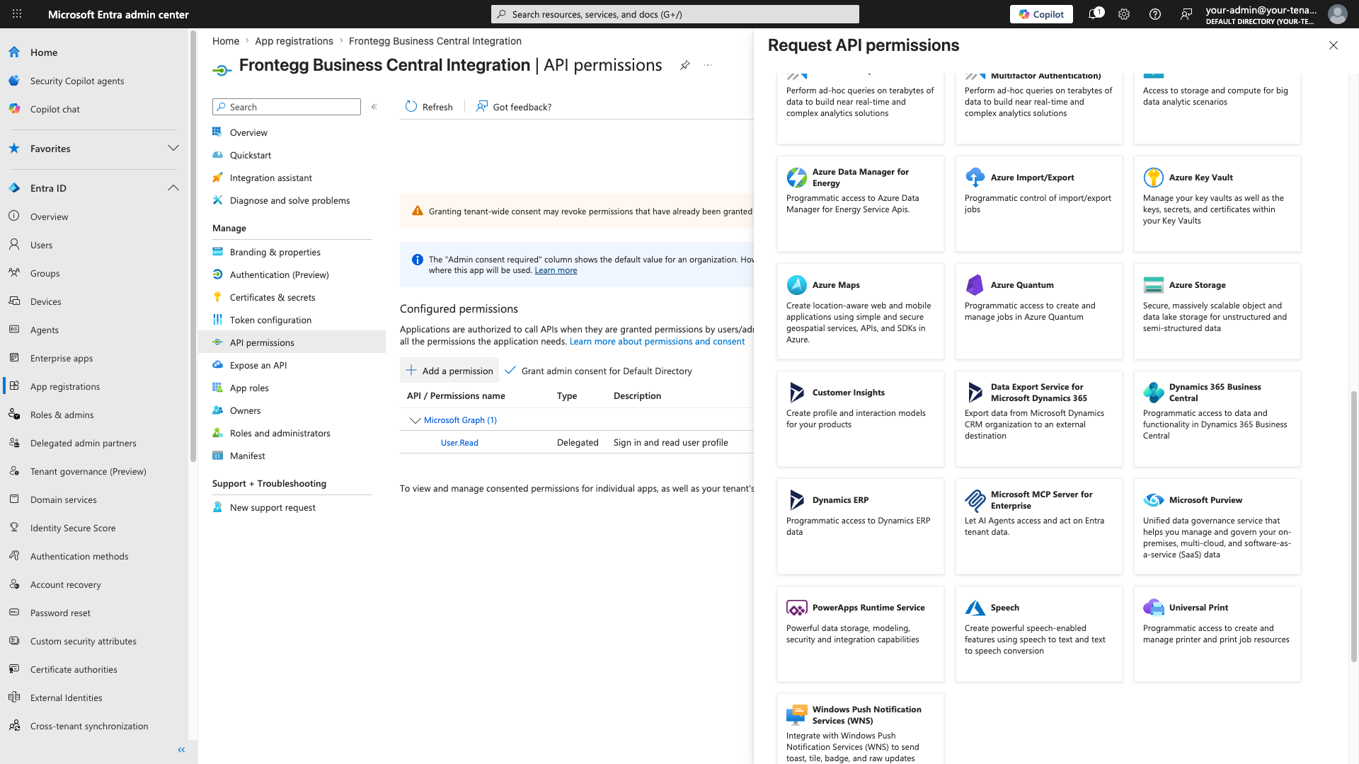 Request API permissions panel with Dynamics 365 Business Central highlighted