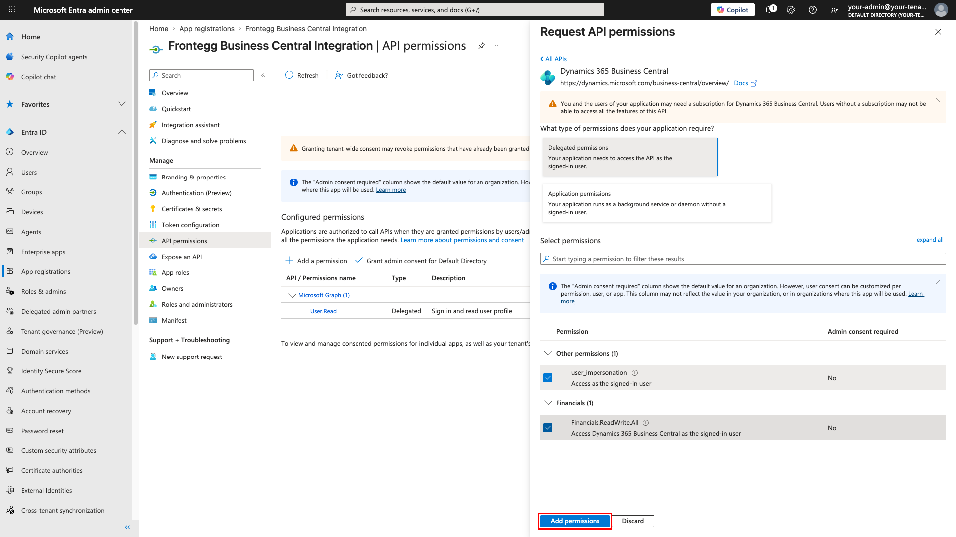 Delegated permissions list with user_impersonation and Financials.ReadWrite.All selected