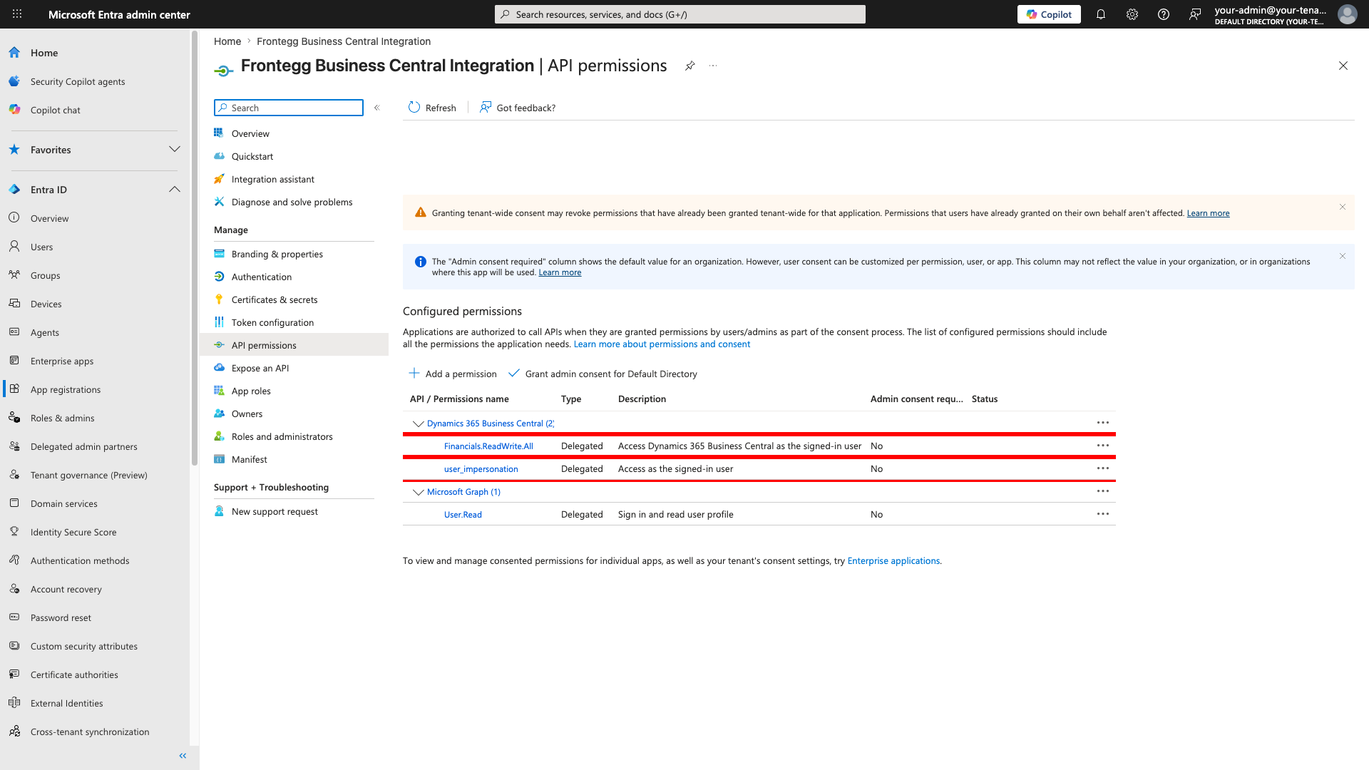 Configured permissions list showing Business Central scopes