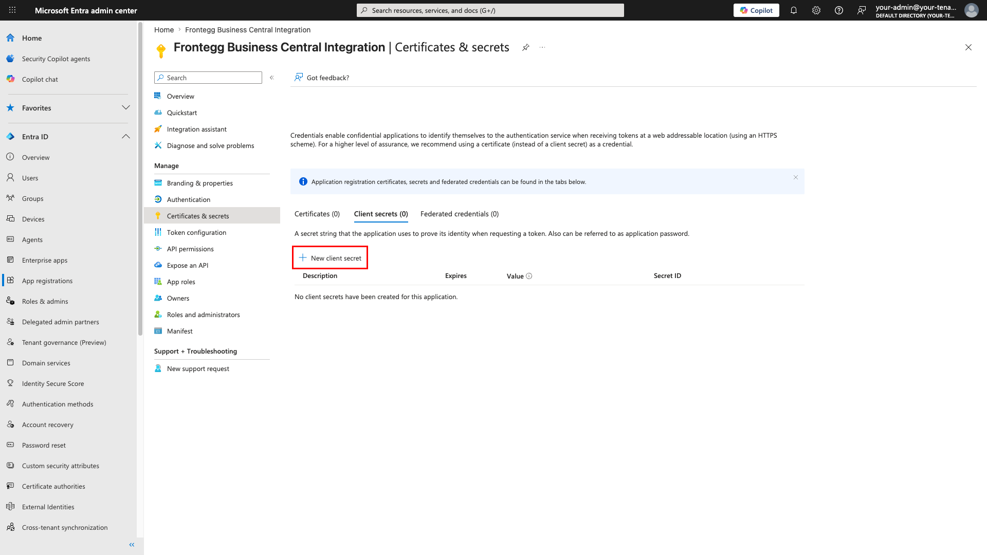 Certificates and secrets page with New client secret button highlighted