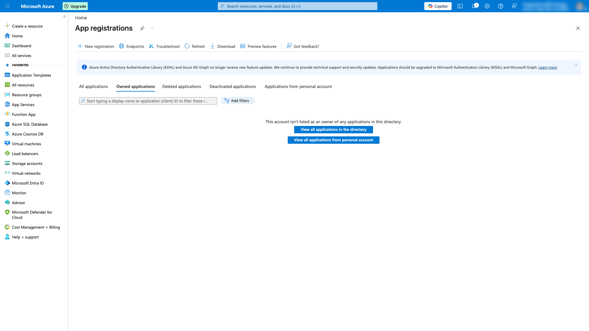 App registrations page in Azure portal