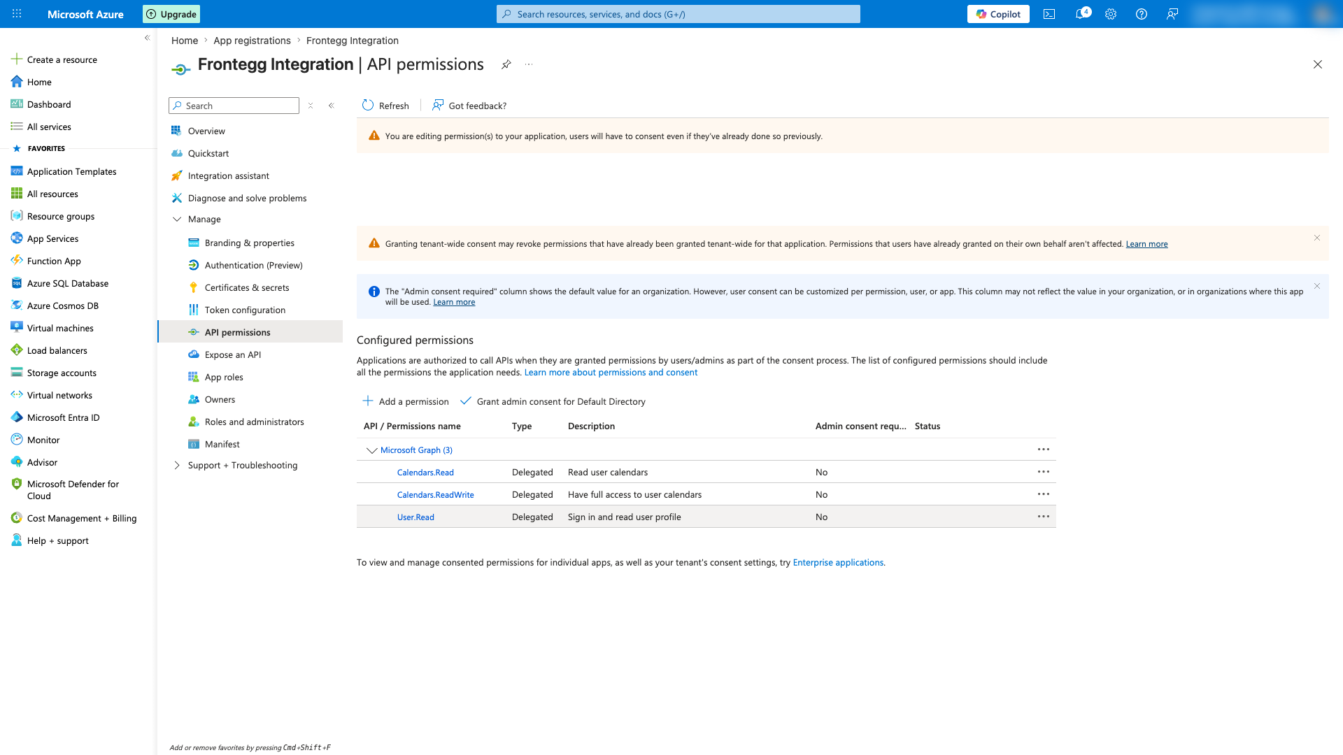 API permissions page showing the configured Calendars and User.Read permissions