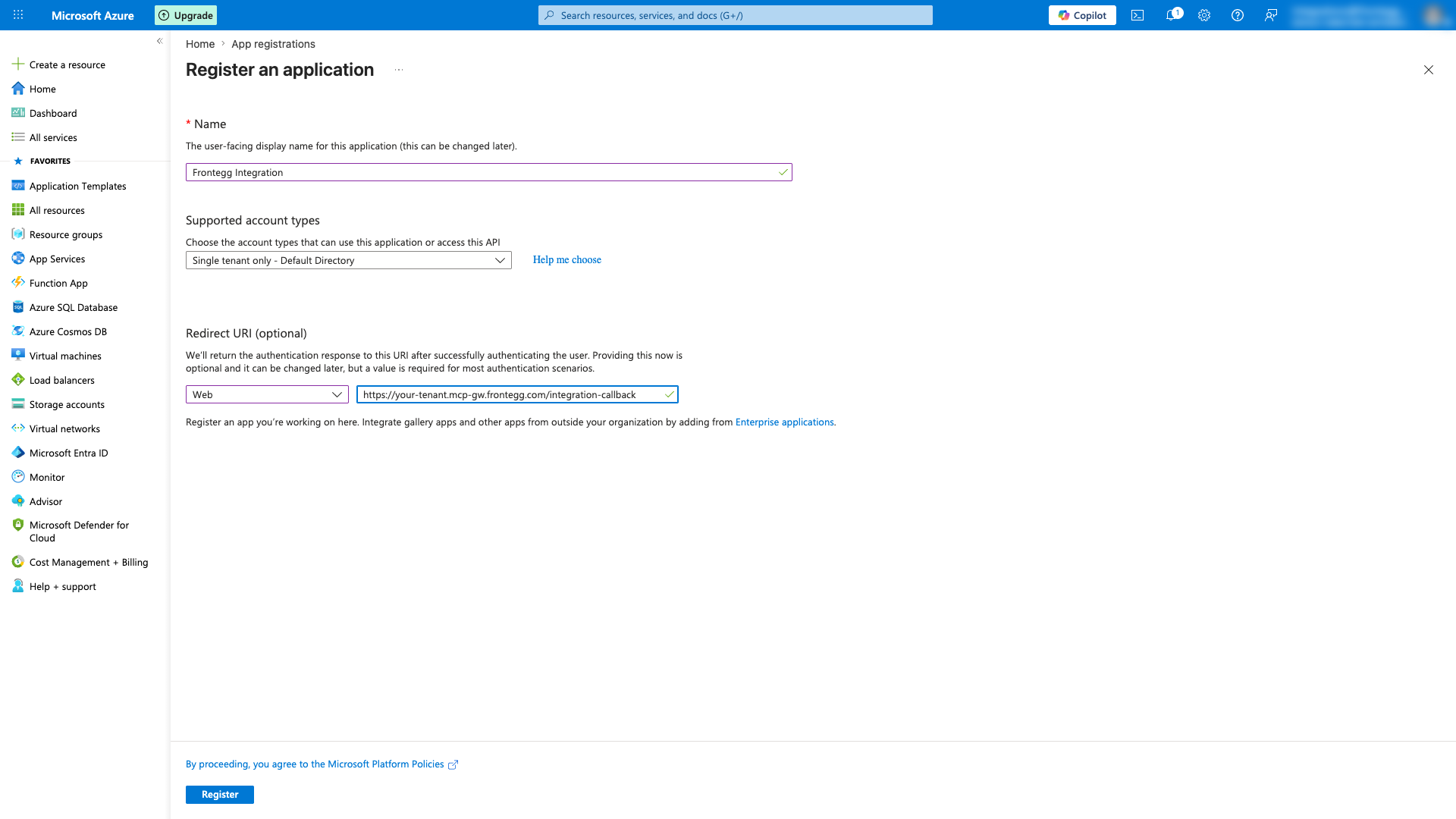New application registration form with name, account type, and redirect URI filled in