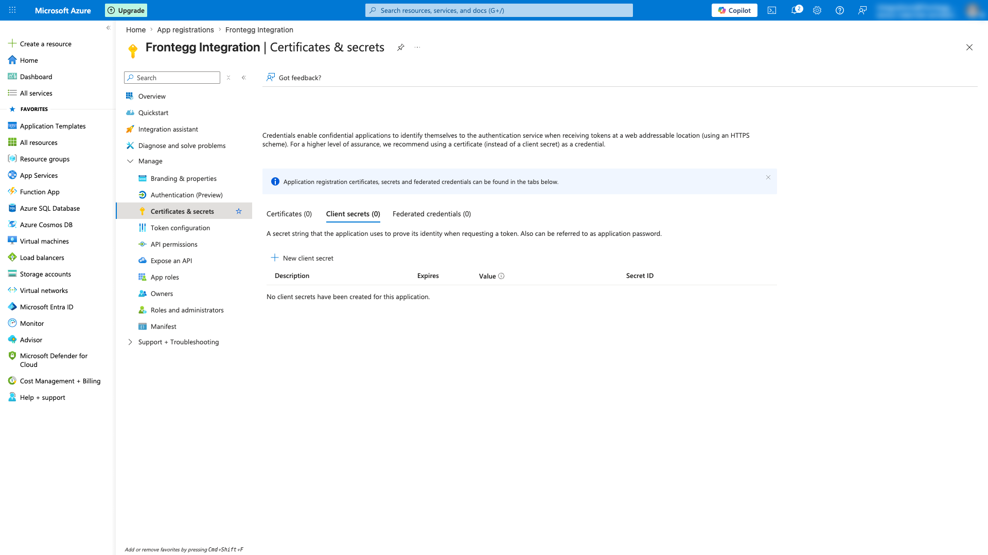 Certificates and secrets page with New client secret button highlighted