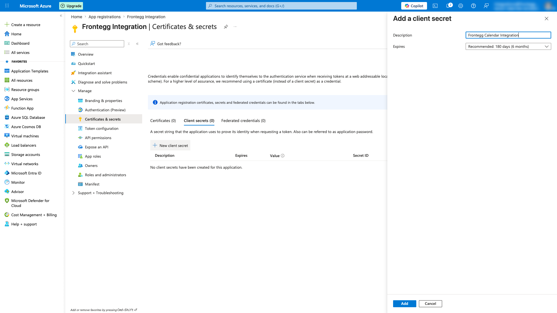 Add a client secret panel with description field filled in