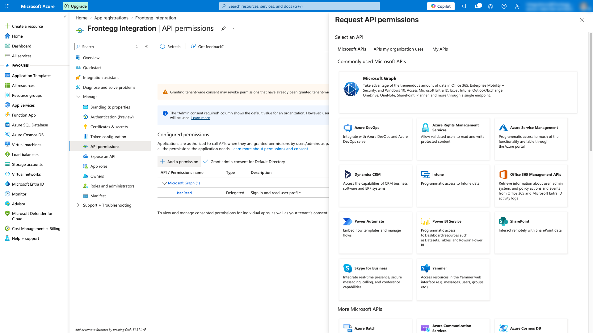 Request API permissions panel with Microsoft Graph highlighted