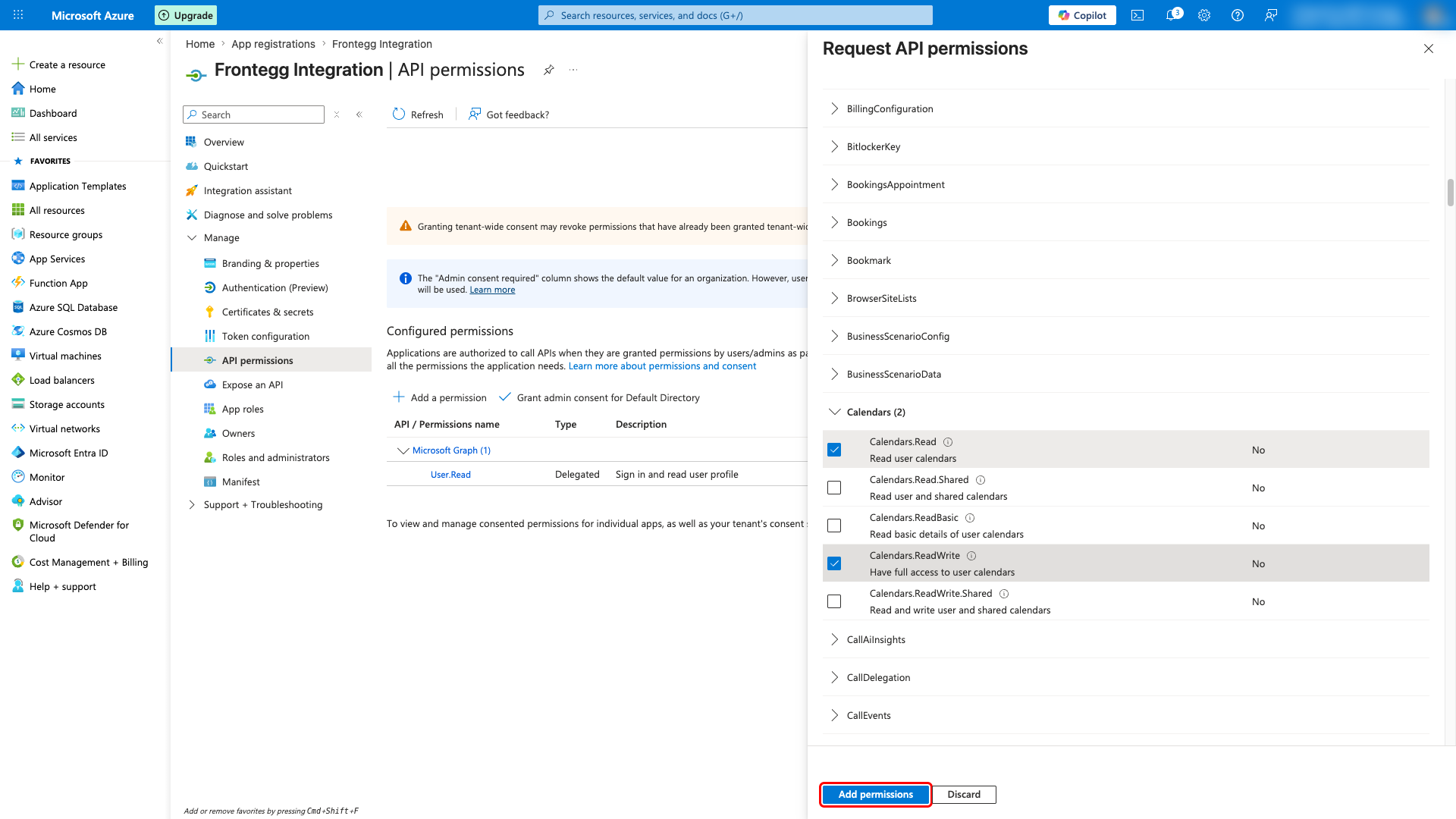 Delegated permissions list with Calendars.Read and Calendars.ReadWrite selected