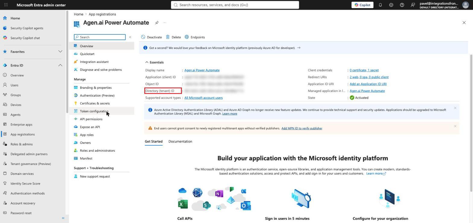 Microsoft Entra app Overview page showing the Application (client) ID and Directory (tenant) ID