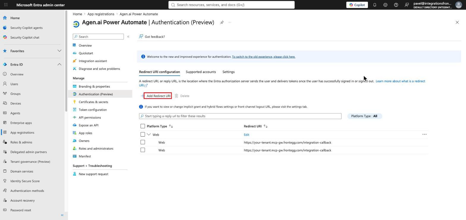 Microsoft Entra Authentication page with a Web redirect URI