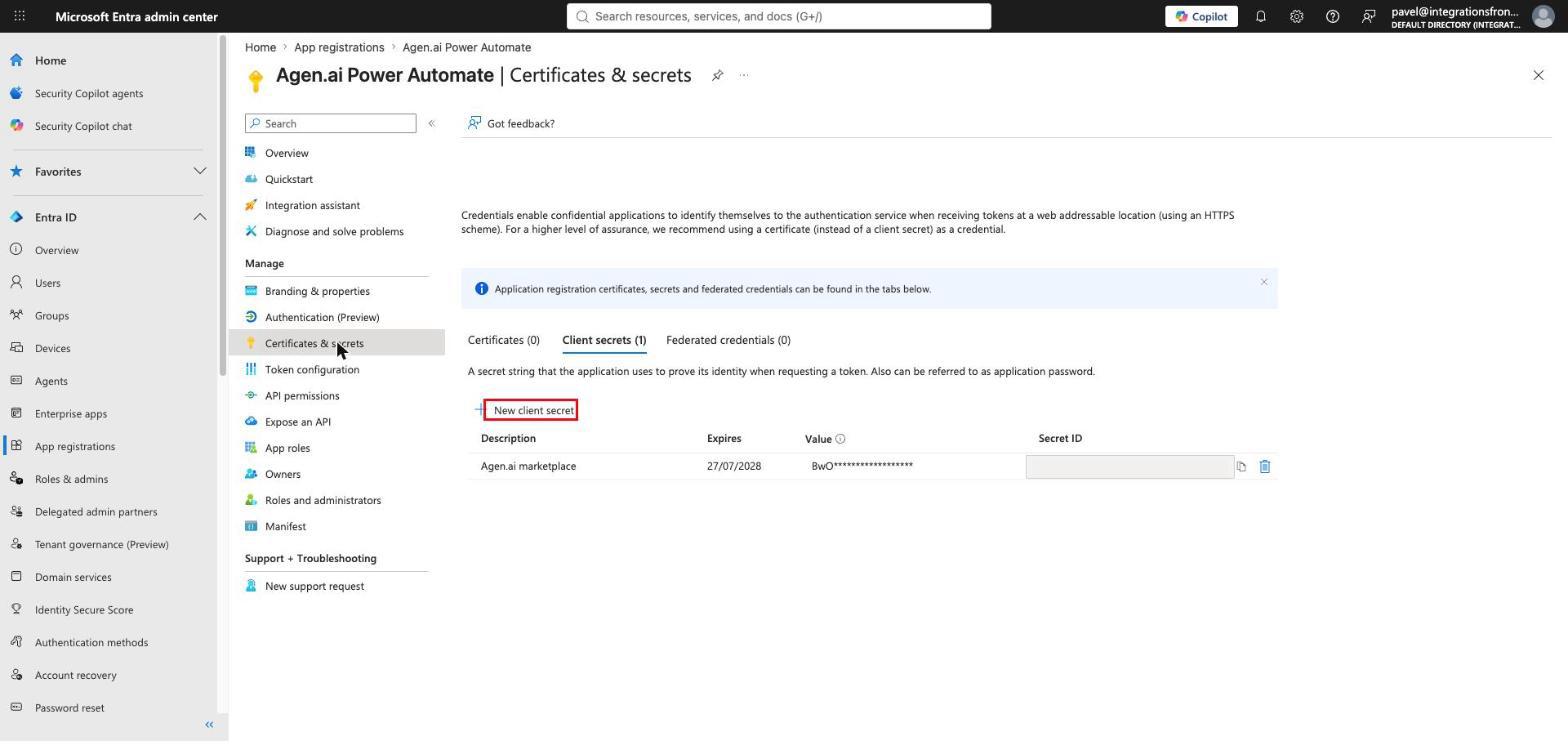 Microsoft Entra Certificates & secrets page with a client secret