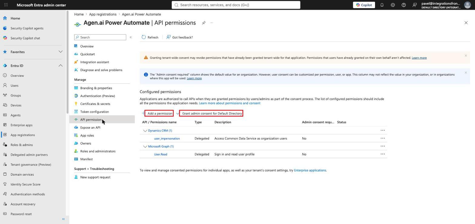 Microsoft Entra API permissions page showing the Dynamics CRM user_impersonation permission