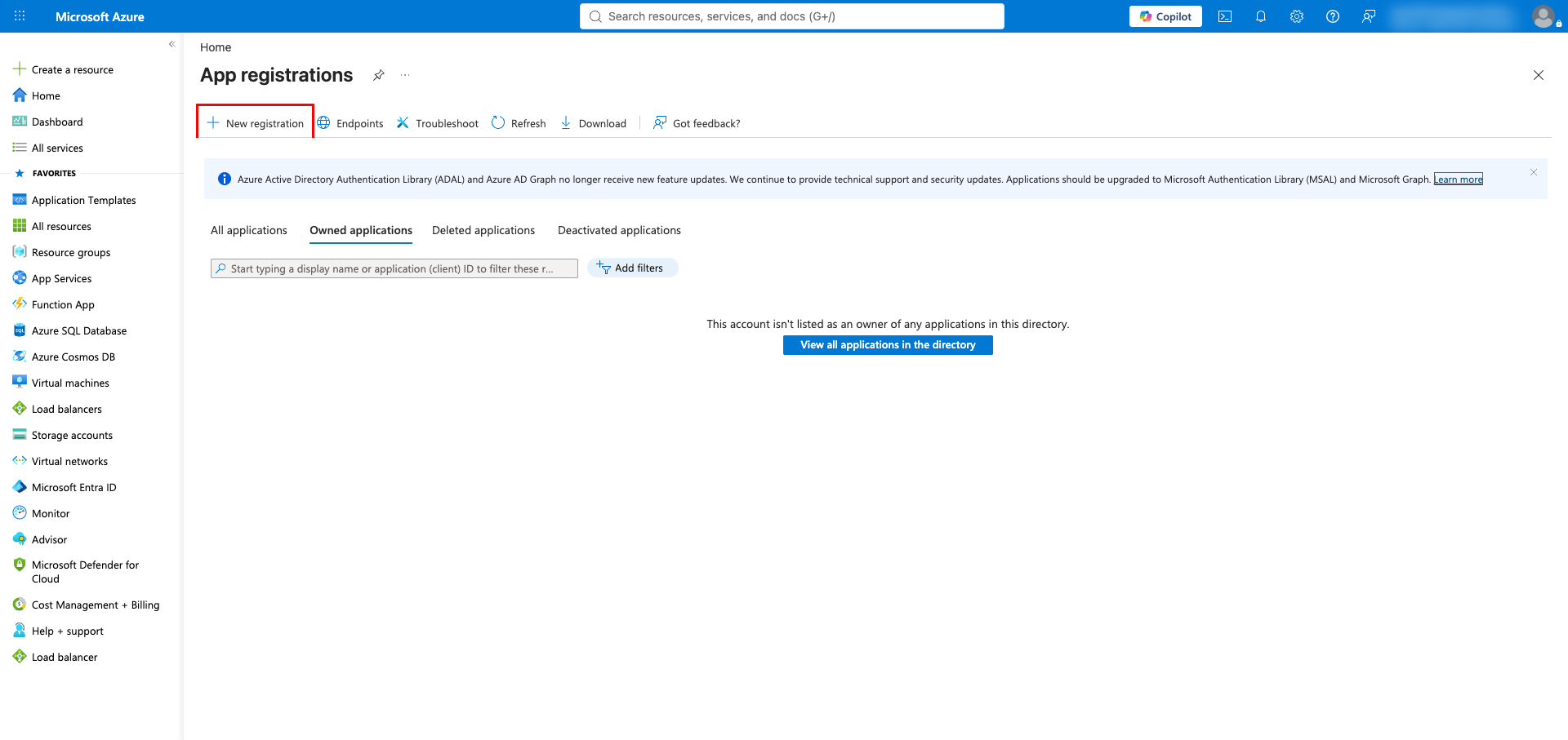 Azure App registrations page