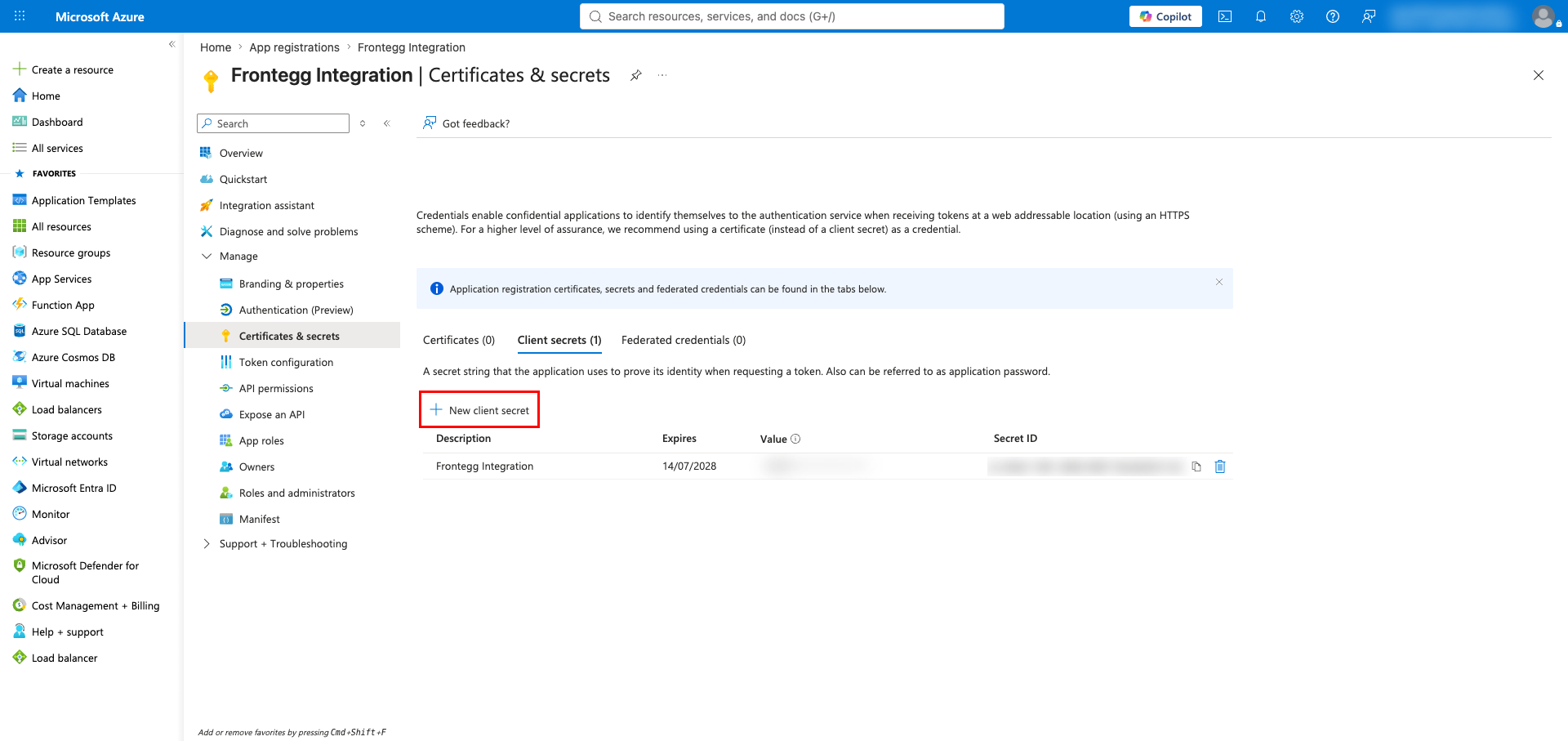 Certificates and secrets page