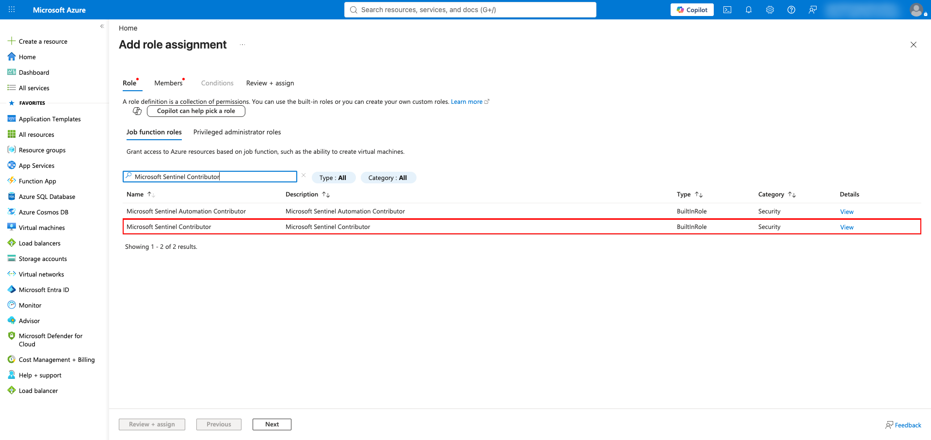 Add role assignment with Microsoft Sentinel Contributor selected
