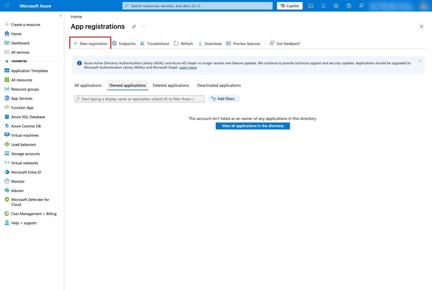 App registrations page in Azure portal