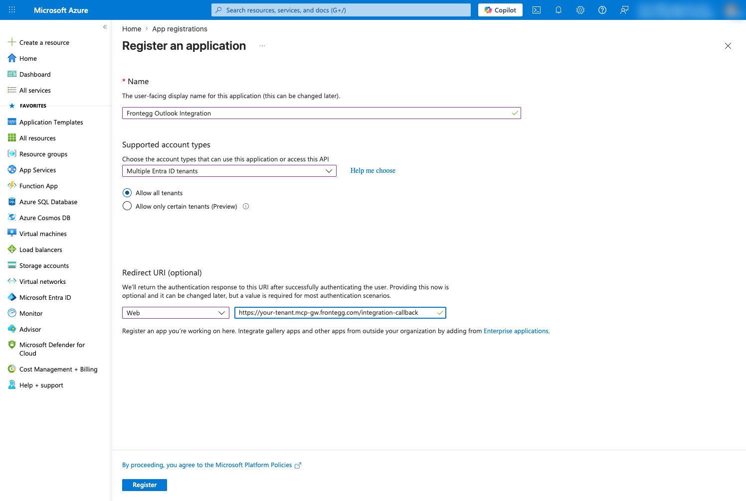 New application registration form with name, account type, and redirect URI filled in