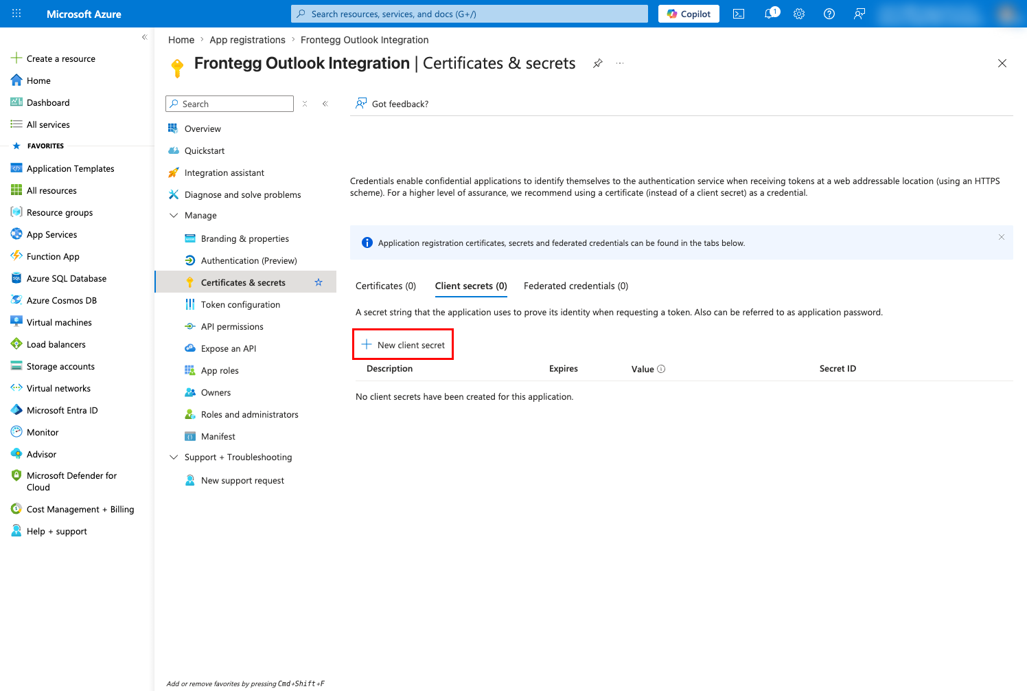Certificates and secrets page with New client secret button highlighted