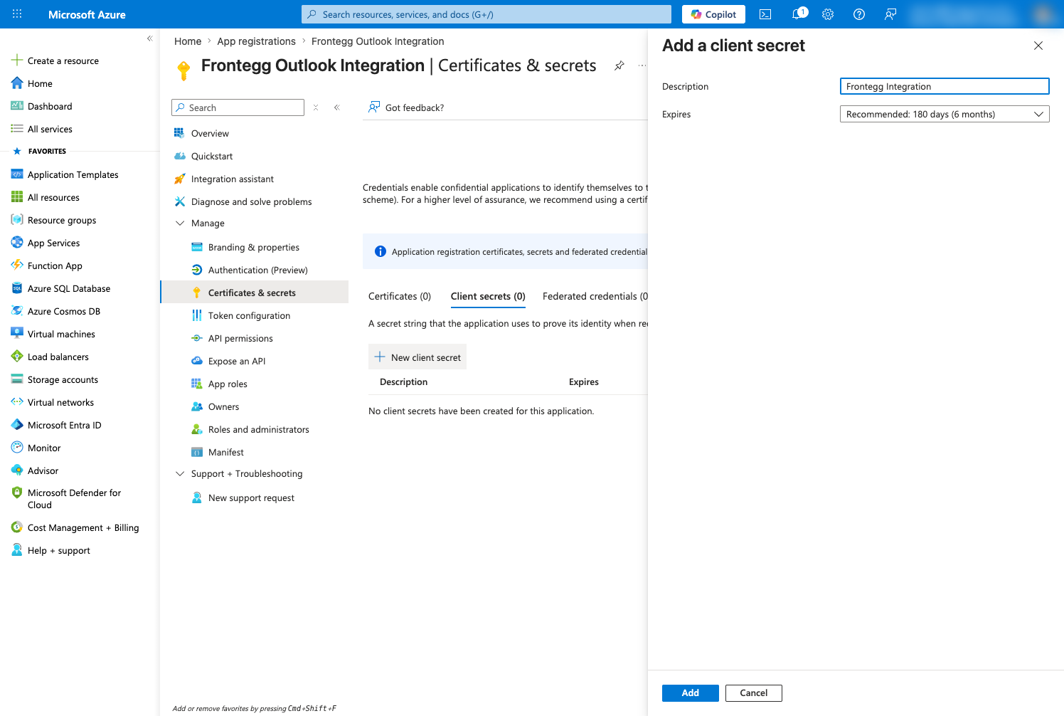 Add a client secret panel with description field filled in