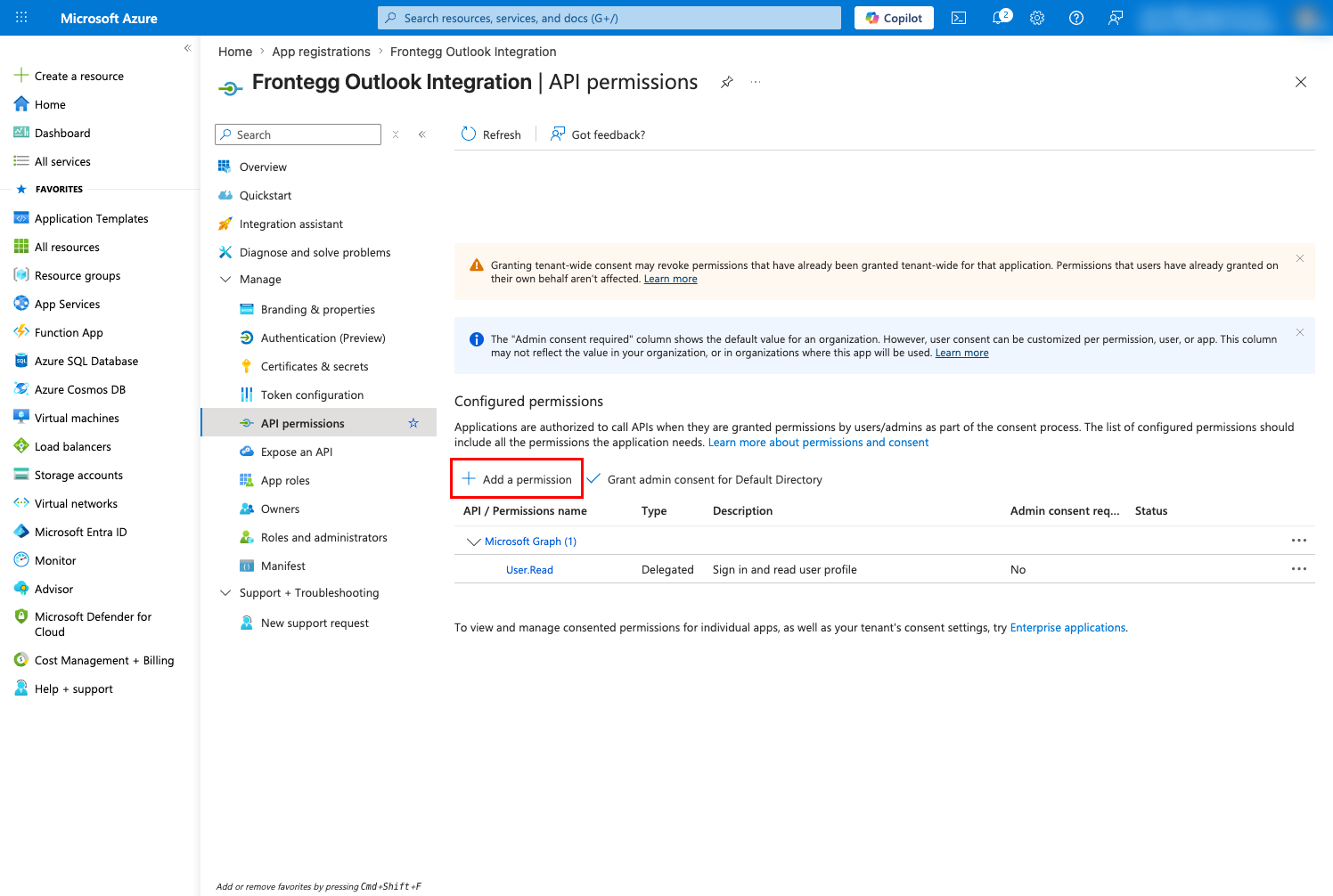 API permissions page with Add a permission button highlighted