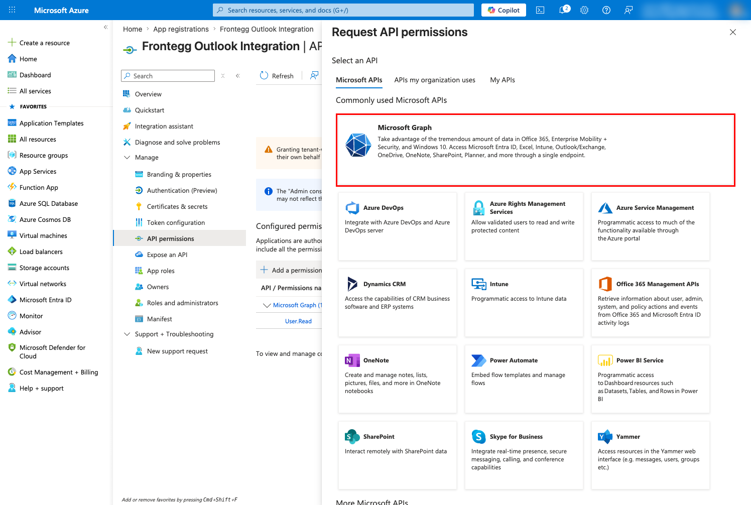 Request API permissions panel with Microsoft Graph highlighted