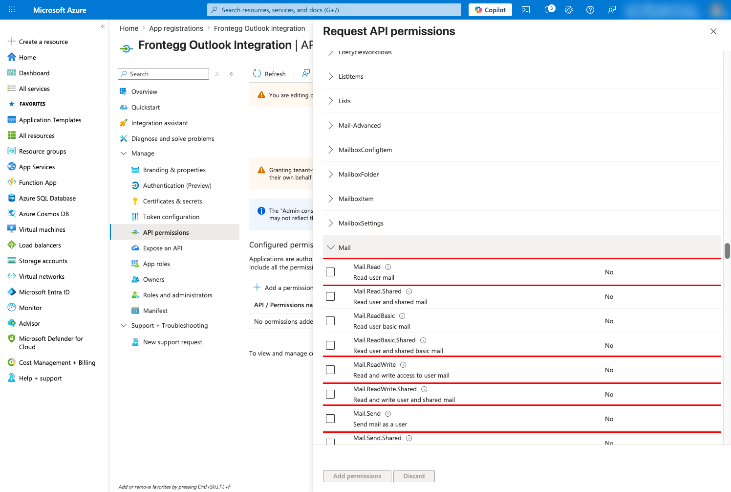 Delegated permissions list with Mail.Read, Mail.ReadWrite, and Mail.Send selected