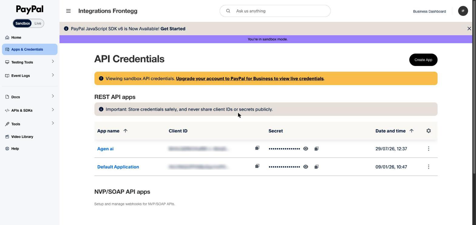 PayPal Apps & Credentials page with the Sandbox/Live toggle and REST API apps