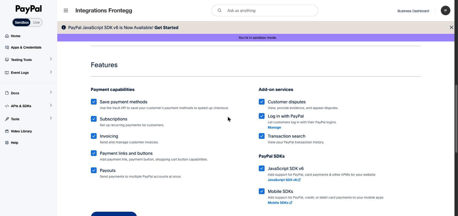 PayPal app Features section with payment capabilities and add-on services