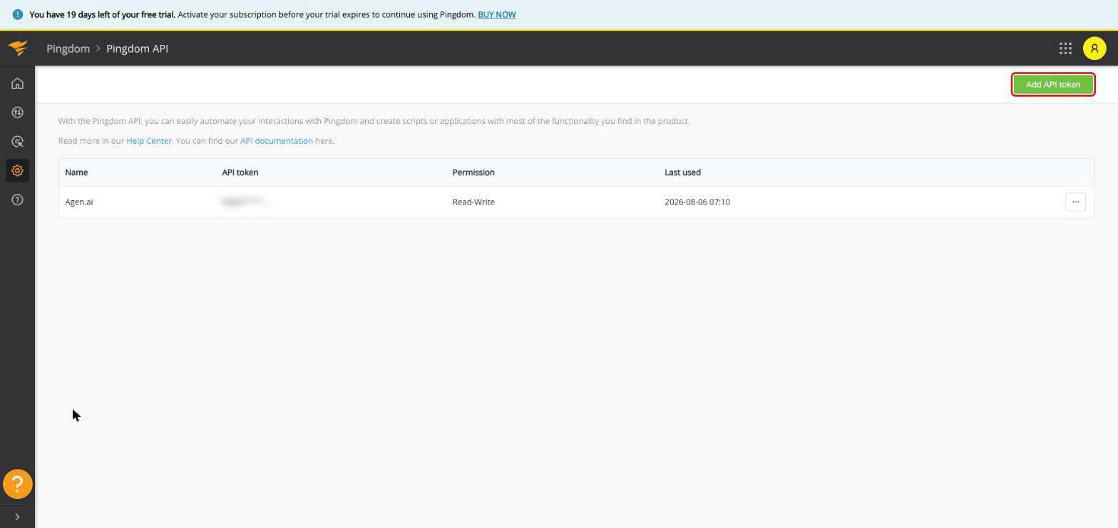 Pingdom API tokens page with the Add API token button