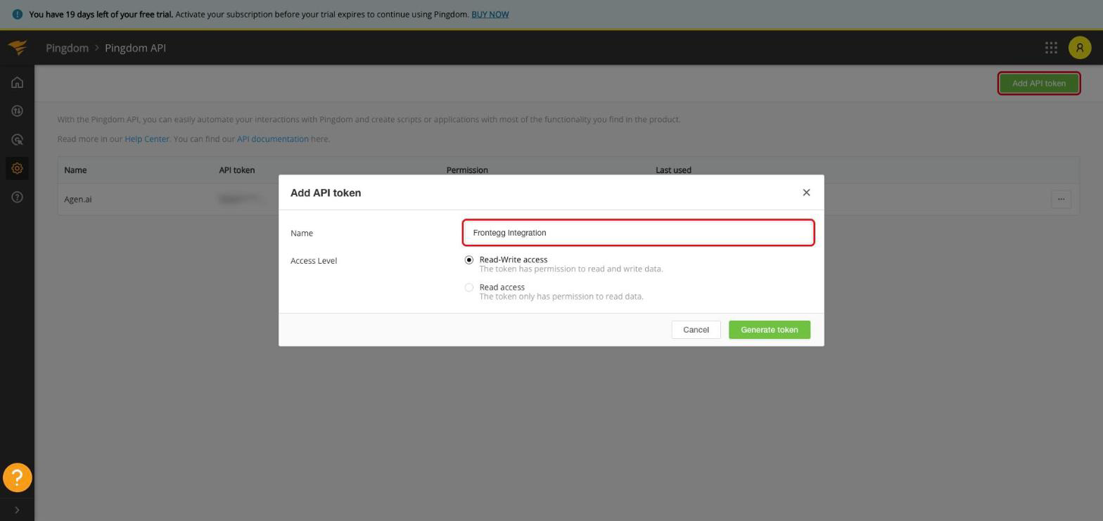 Pingdom Add API token dialog with name and Read-Write access selected