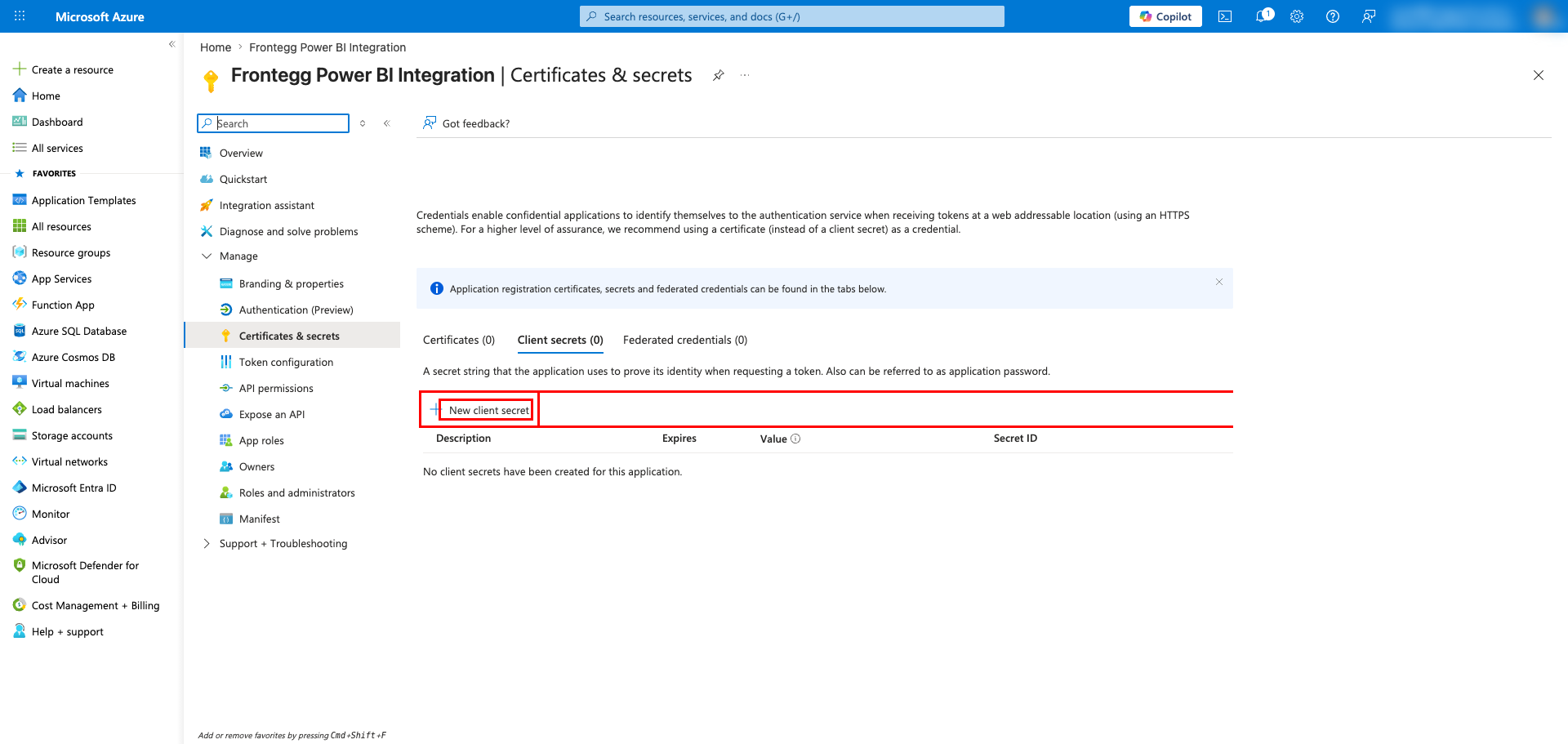 Certificates and secrets page with New client secret button highlighted