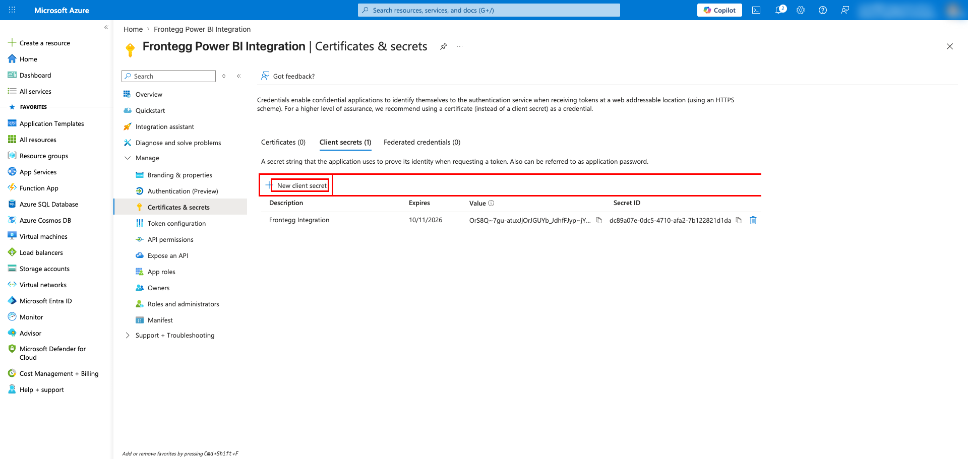 Client secret list showing the new secret with value blurred and highlighted