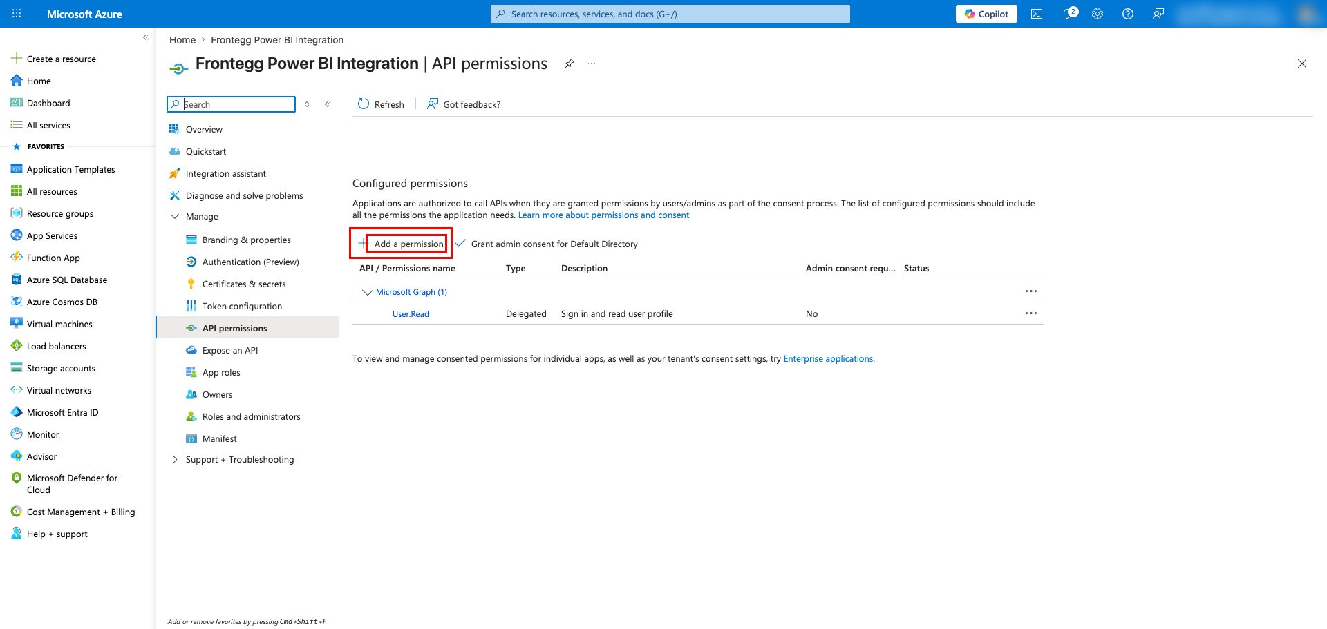 API permissions page with Add a permission button highlighted