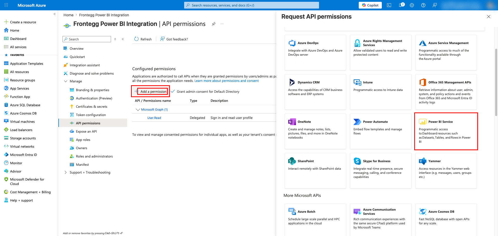 Request API permissions panel with Power BI Service highlighted
