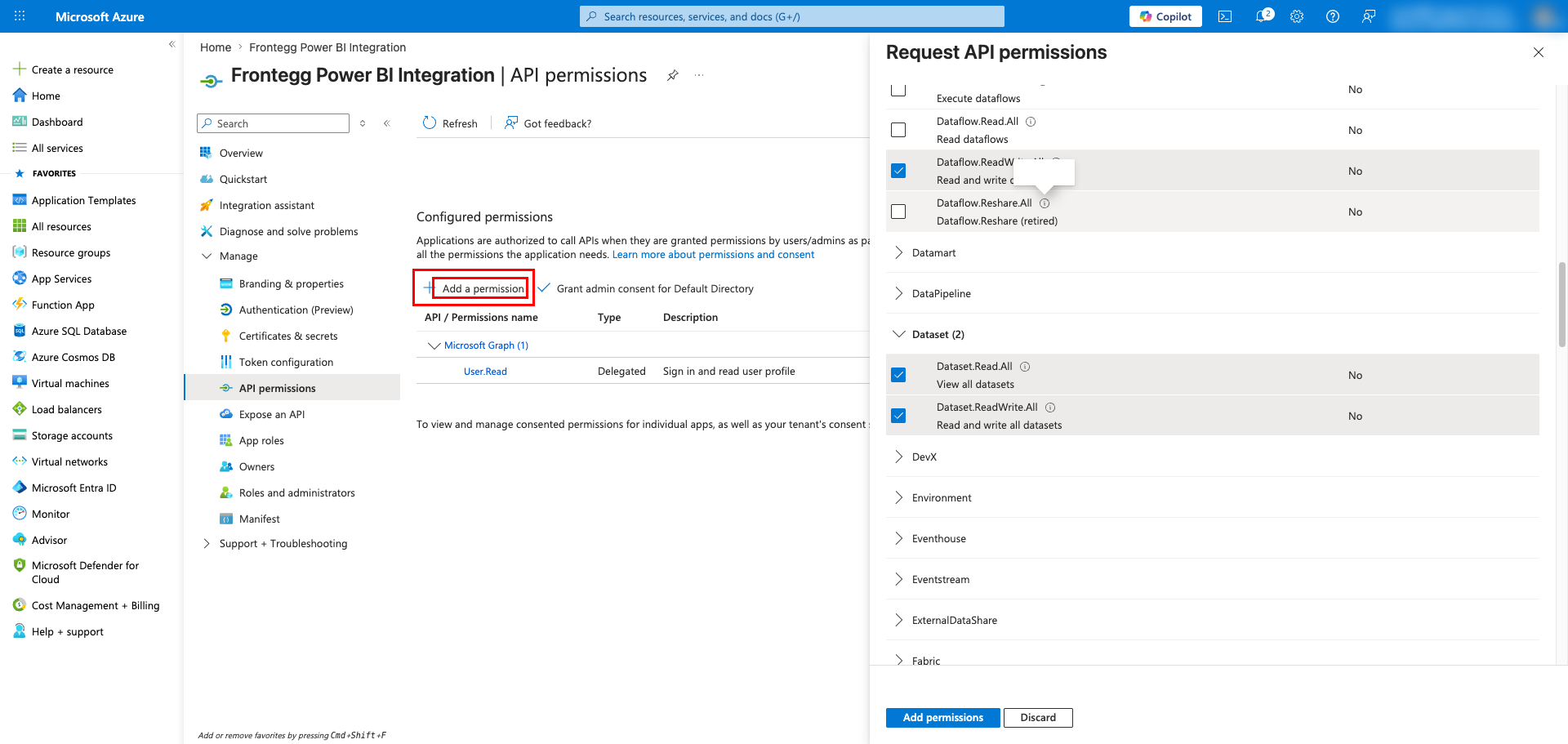 Delegated permissions list with selected Power BI Service scopes