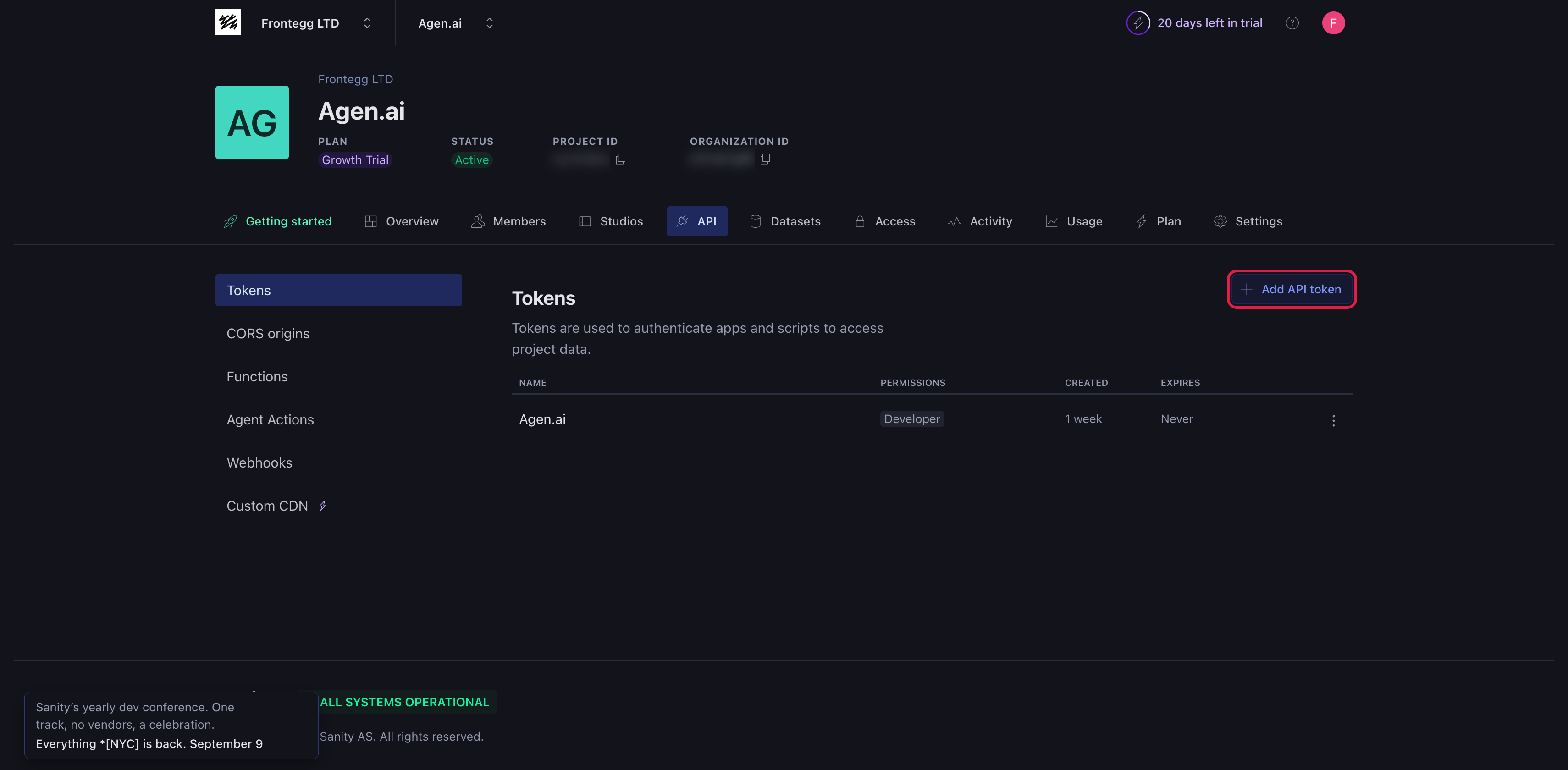 Sanity project API Tokens page with the Add API token button
