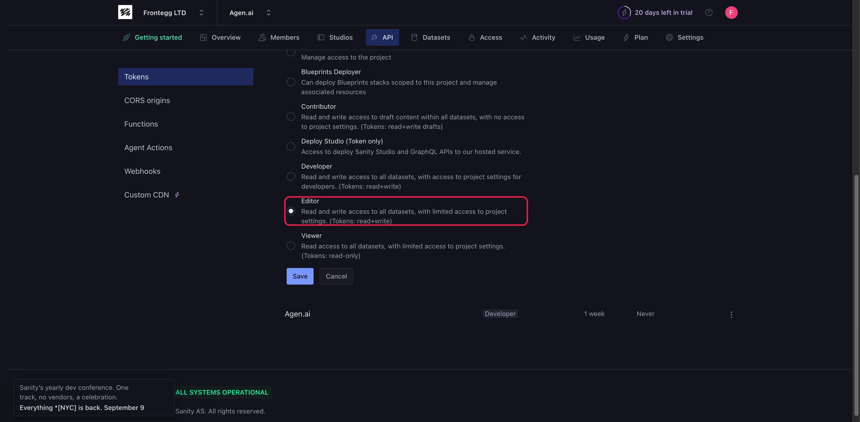 Sanity Add API token form with a name and the Editor permission selected