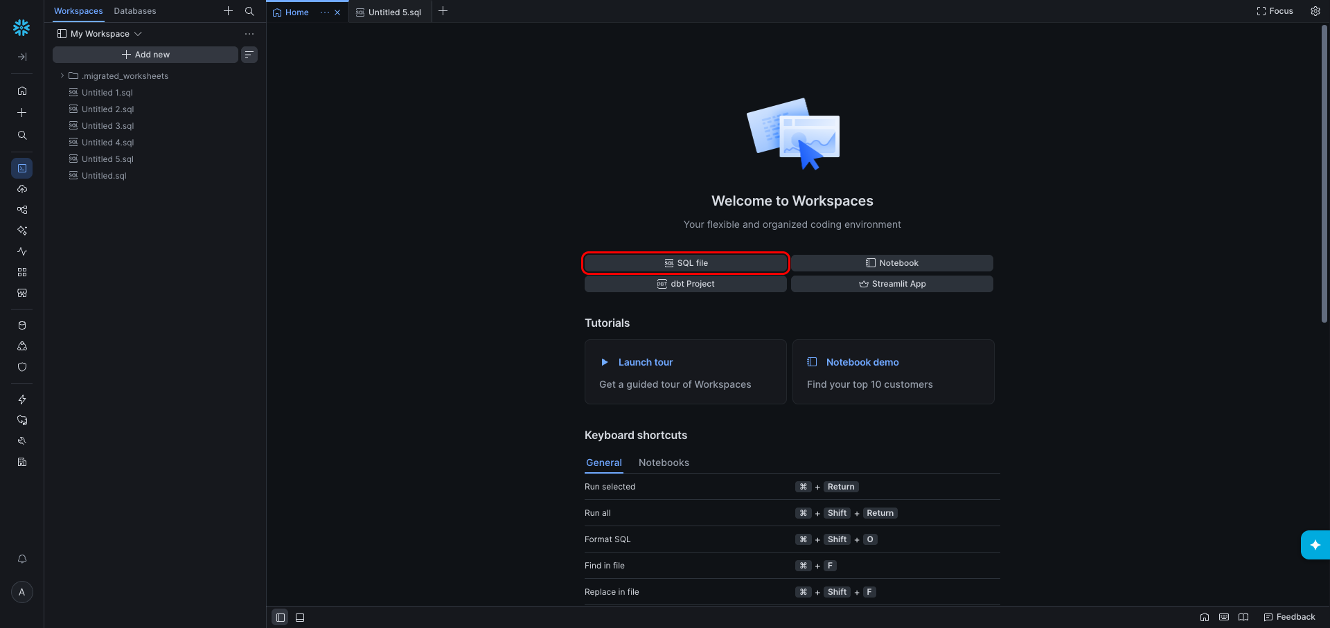 Snowflake Workspaces page with SQL file button highlighted