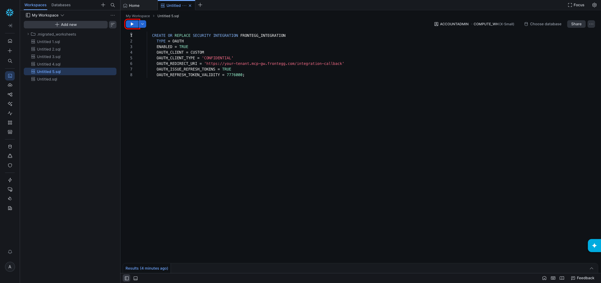 Snowflake SQL file with the CREATE OR REPLACE SECURITY INTEGRATION command