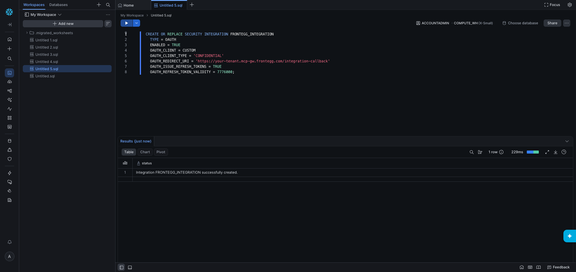 Snowflake integration creation success message