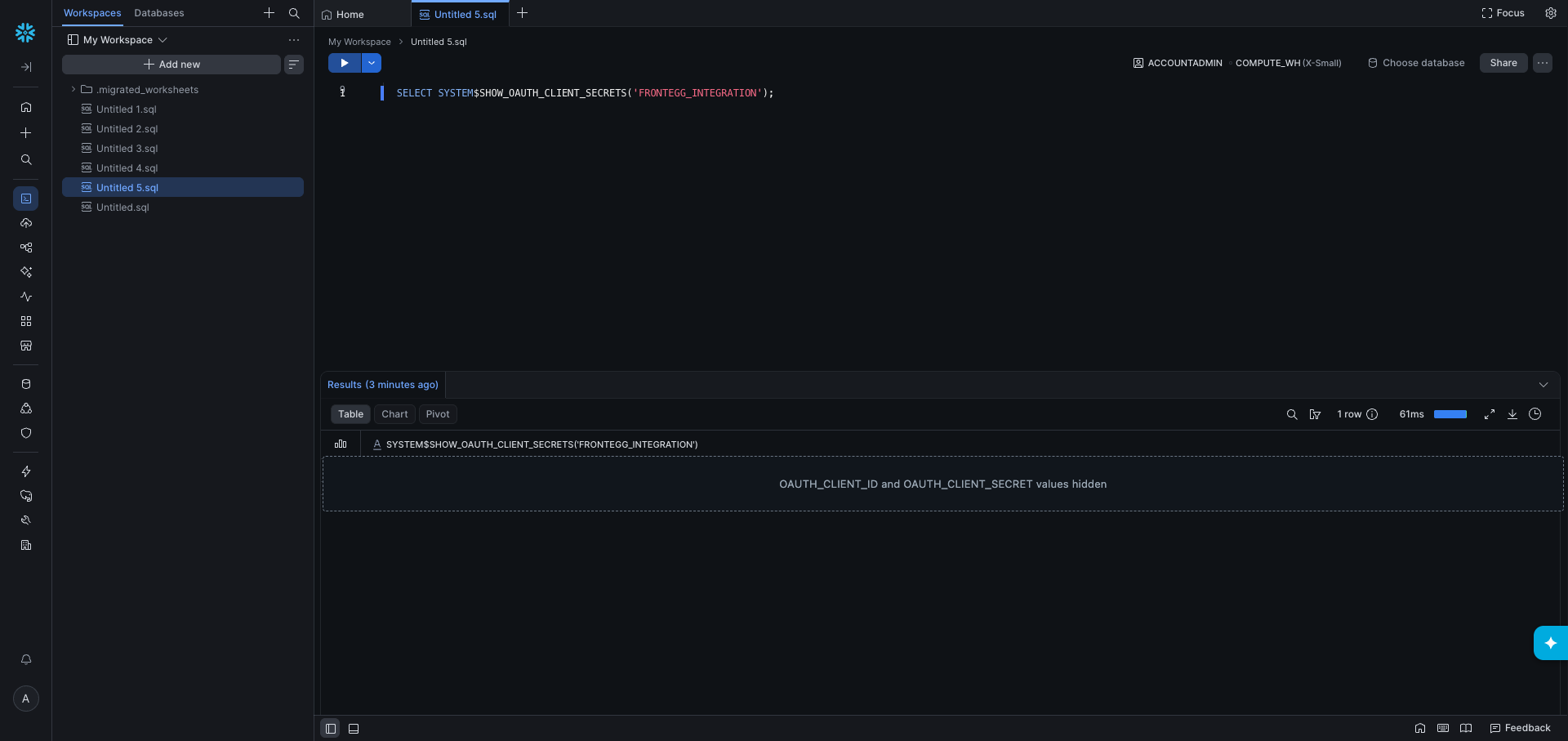 Snowflake client credentials query results