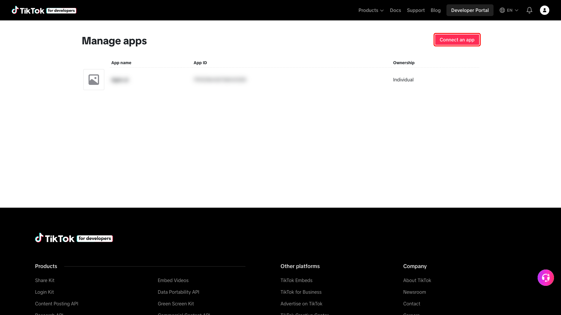 TikTok developer portal Manage apps page