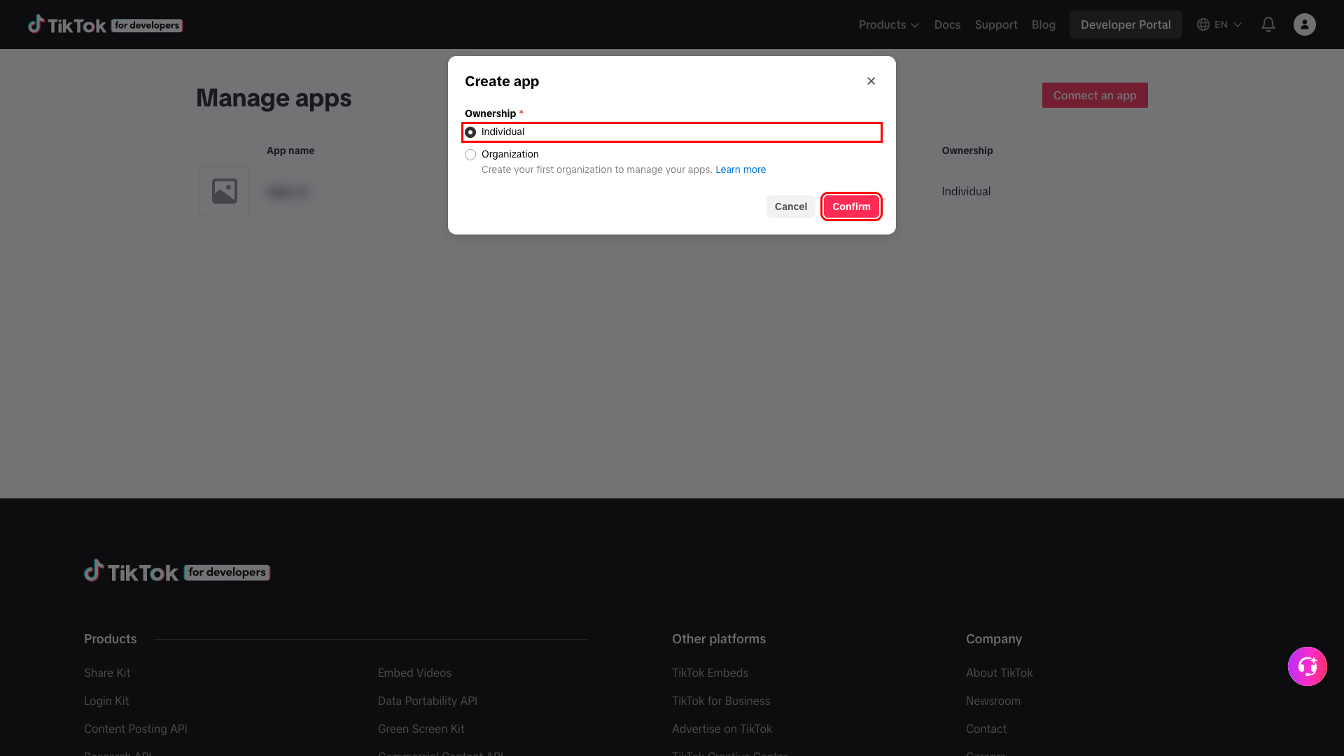 TikTok ownership selection dialog