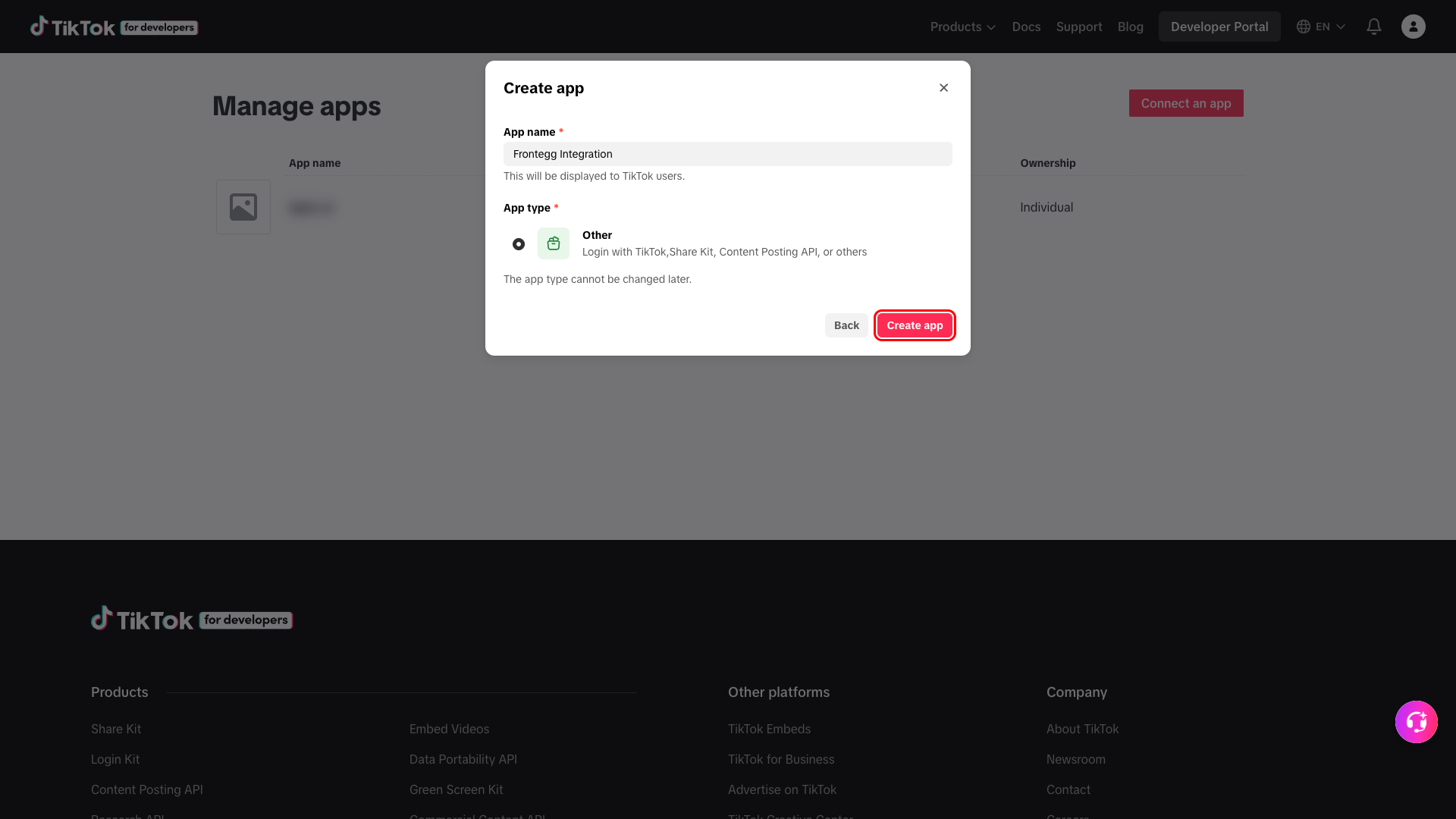 TikTok create app form with name and type