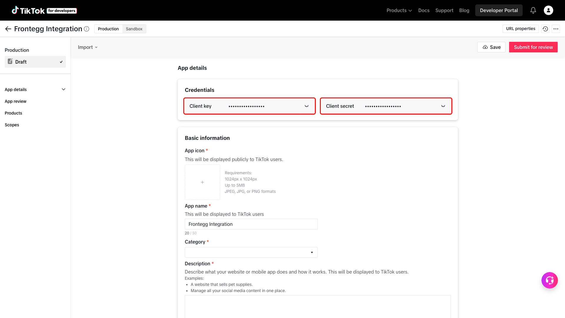 TikTok Client key and Client secret in Credentials section