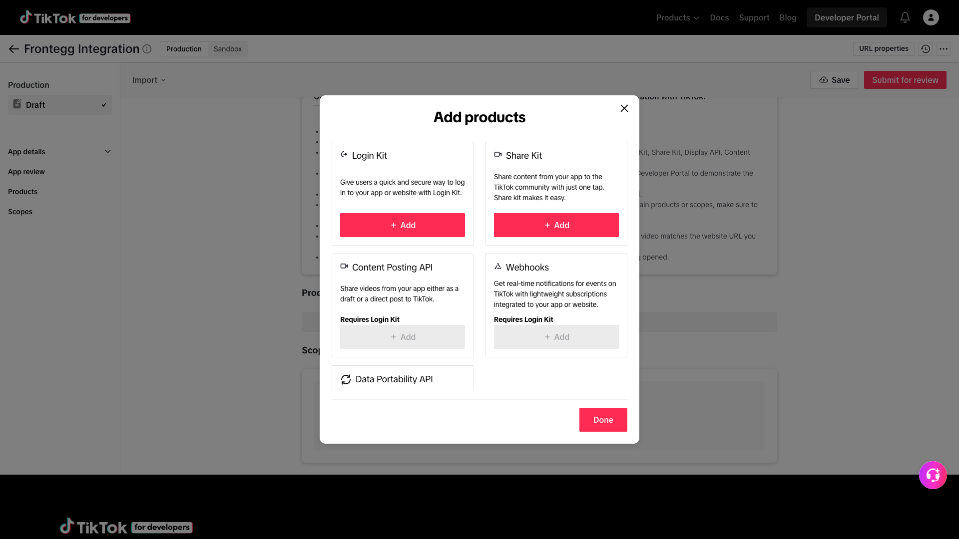 TikTok Add products dialog with Login Kit and Content Posting API