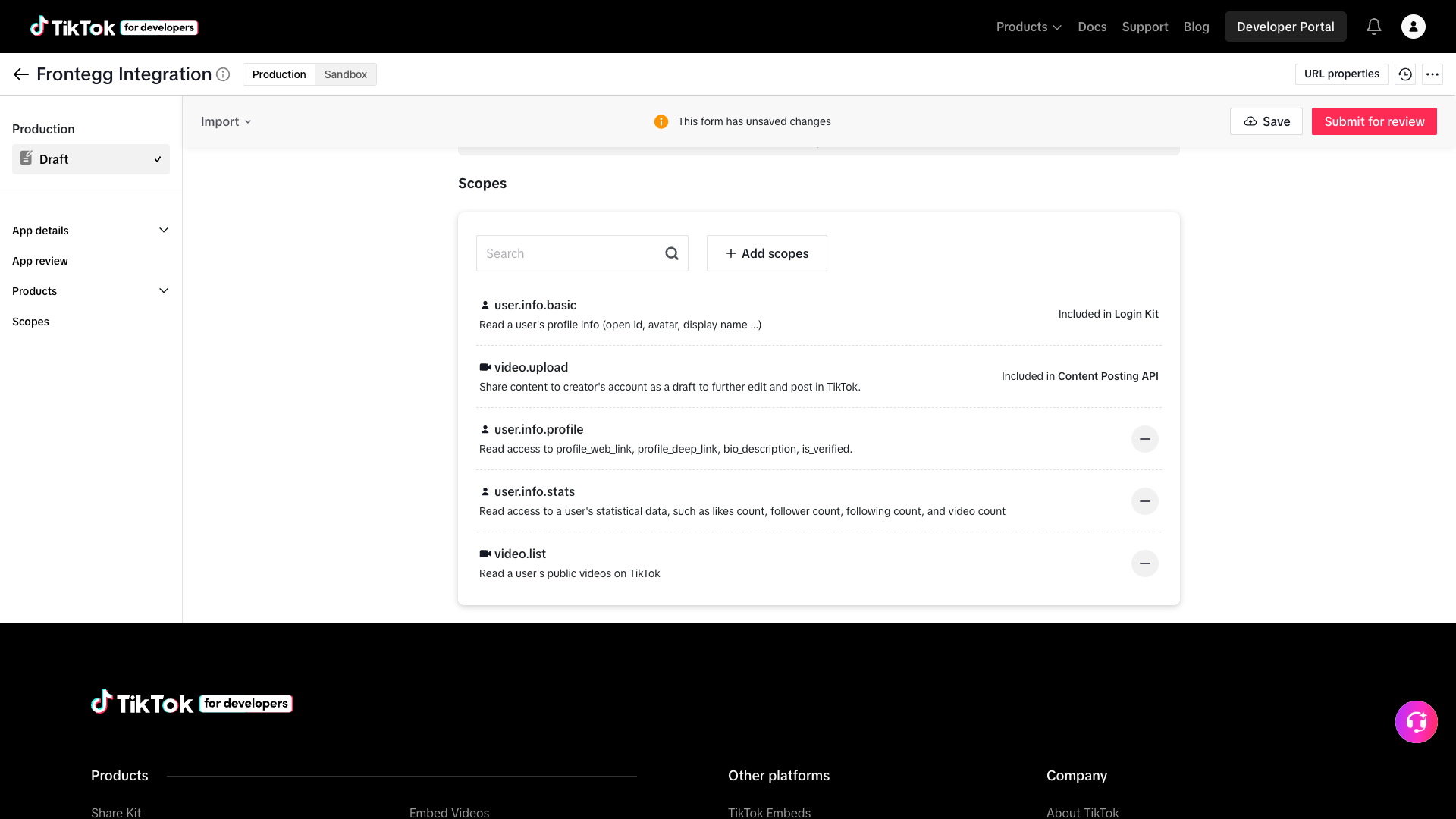 TikTok scopes list with all five scopes added