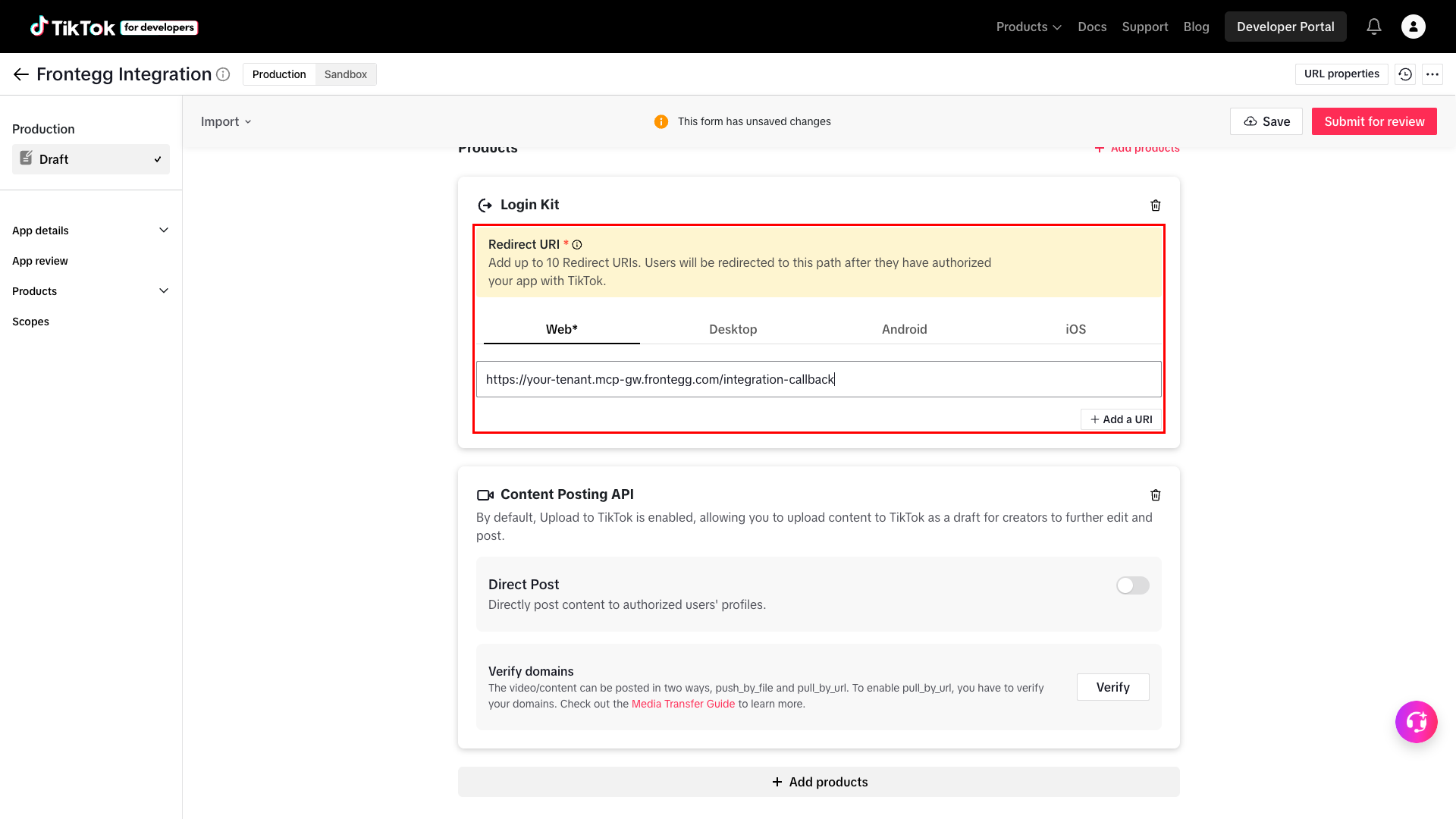 TikTok Login Kit redirect URI configuration