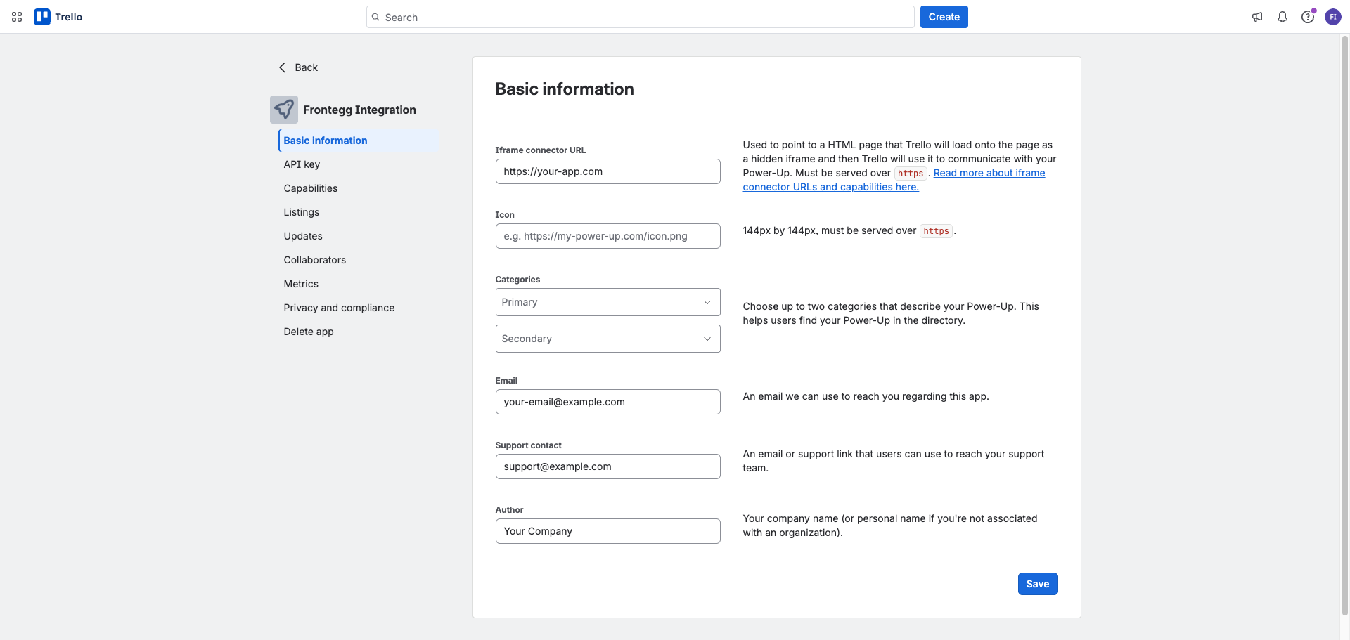 Trello app settings page showing Basic information tab